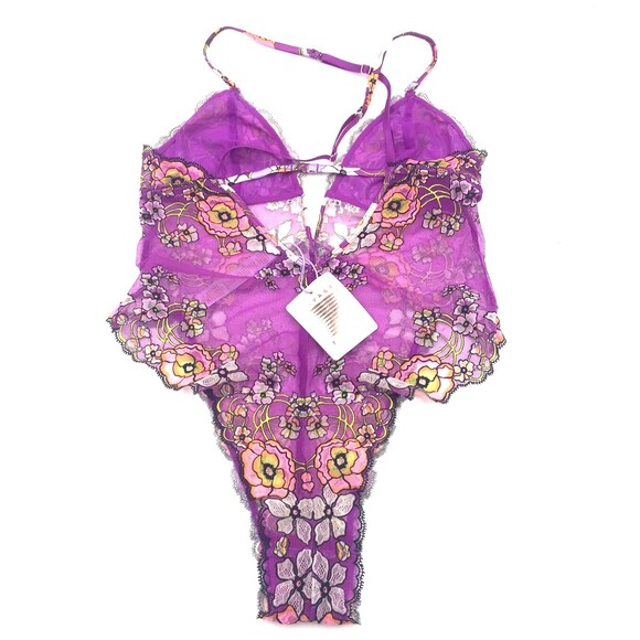 Savage X Fenty Juicy Purple Flower Poppy Print Mod Poppy Lace Teddy Lingerie - Picture 3 of 4